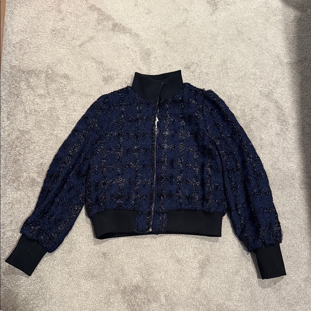 Sparkly Navy Plaid Bomber Jacket with Ribbed Trim. NWT